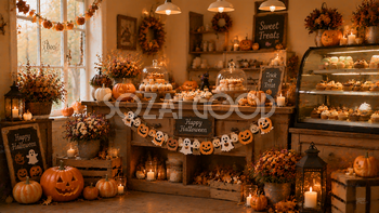 ハロウィンお菓子店背景素材｜焼き菓子とパンプキンの可愛いショップ風景【無料・高画質PNG】94142