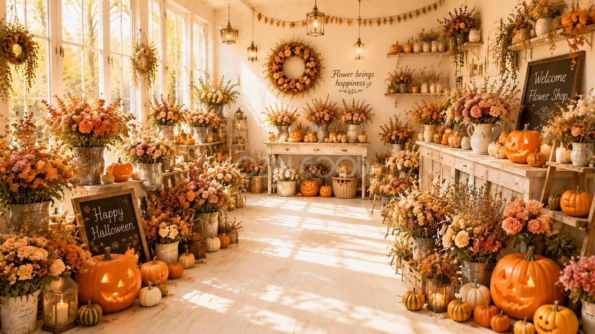 白い壁のおしゃれなハロウィン花屋背景素材|秋のフラワーショップ94159