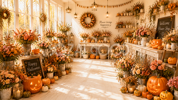 白い壁のおしゃれなハロウィン花屋背景素材｜秋のフラワーショップ94159