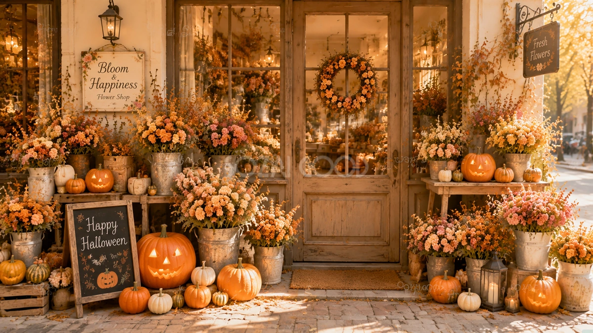 花束とパンプキンのハロウィン花屋背景素材|秋の店舗ディスプレイ94160