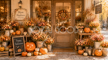 花束とパンプキンのハロウィン花屋背景素材｜秋の店舗ディスプレイ94160