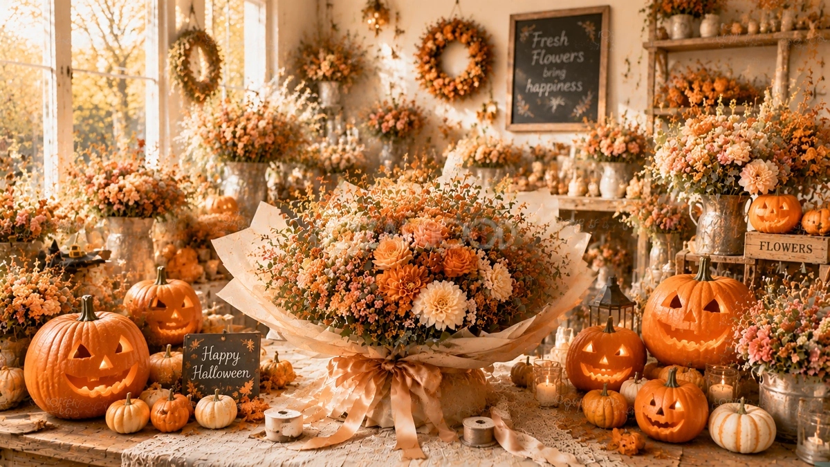 秋色ブーケとパンプキンのハロウィン背景素材|花屋デザイン94161