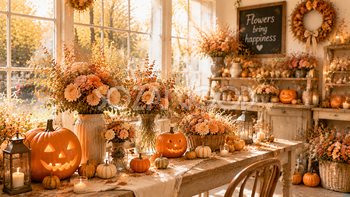 窓辺の秋花フラワーショップ背景素材｜ハロウィン季節デザイン94162