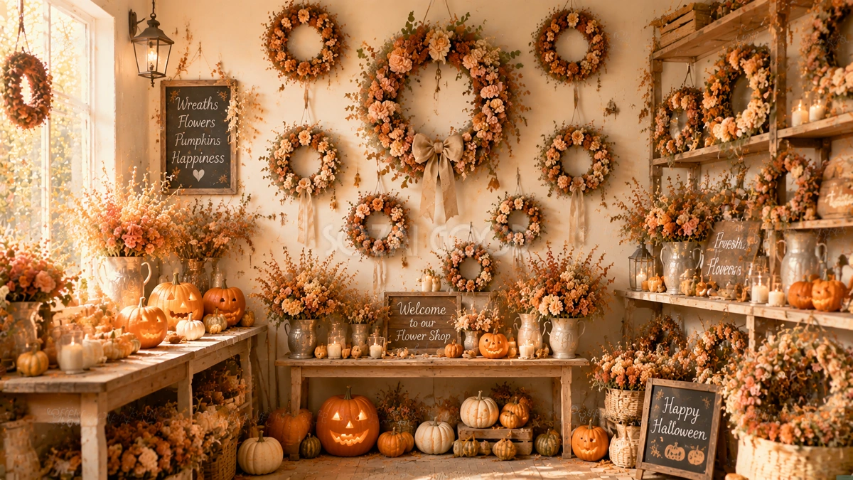 ハロウィンリースと秋花のショップ背景素材|おしゃれな花屋デザイン94163