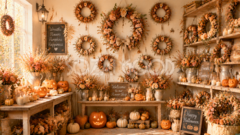 ハロウィンリースと秋花のショップ背景素材｜おしゃれな花屋デザイン94163