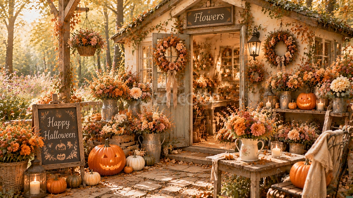 森の中のハロウィン花屋背景素材|秋のナチュラルショップ94164