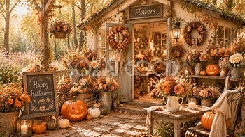 森の中のハロウィン花屋背景素材｜秋のナチュラルショップ94164