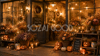 夜のハロウィンフラワーショップ背景素材｜温かな秋の花屋94165