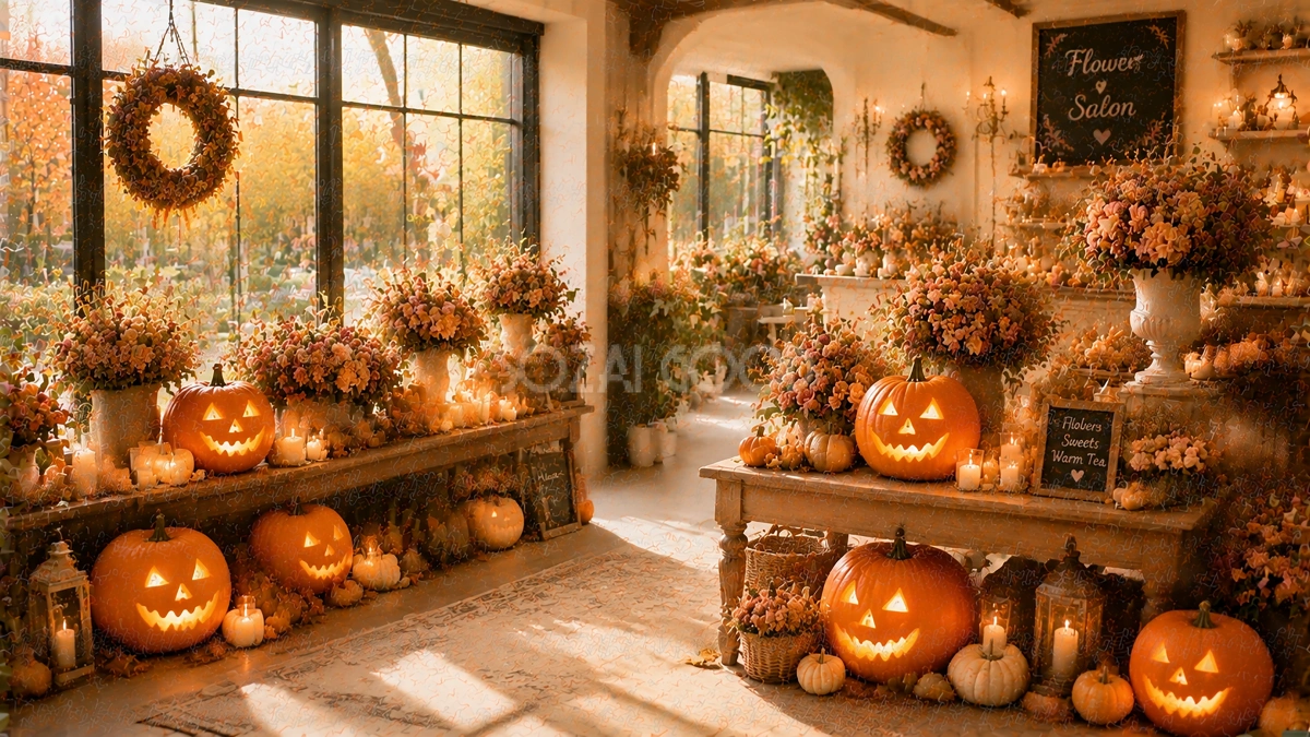 プレミアムハロウィン花屋背景素材|秋のフラワーショップ高品質背景94170