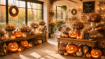 プレミアムハロウィン花屋背景素材｜秋のフラワーショップ高品質背景94170