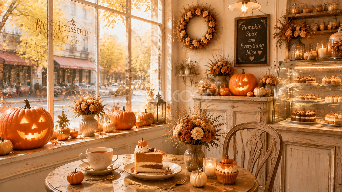 窓辺のハロウィンスイーツカフェ背景素材【無料・高画質PNG】94175