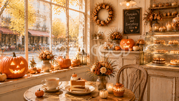 窓辺のハロウィンスイーツカフェ背景素材【無料・高画質PNG】94175