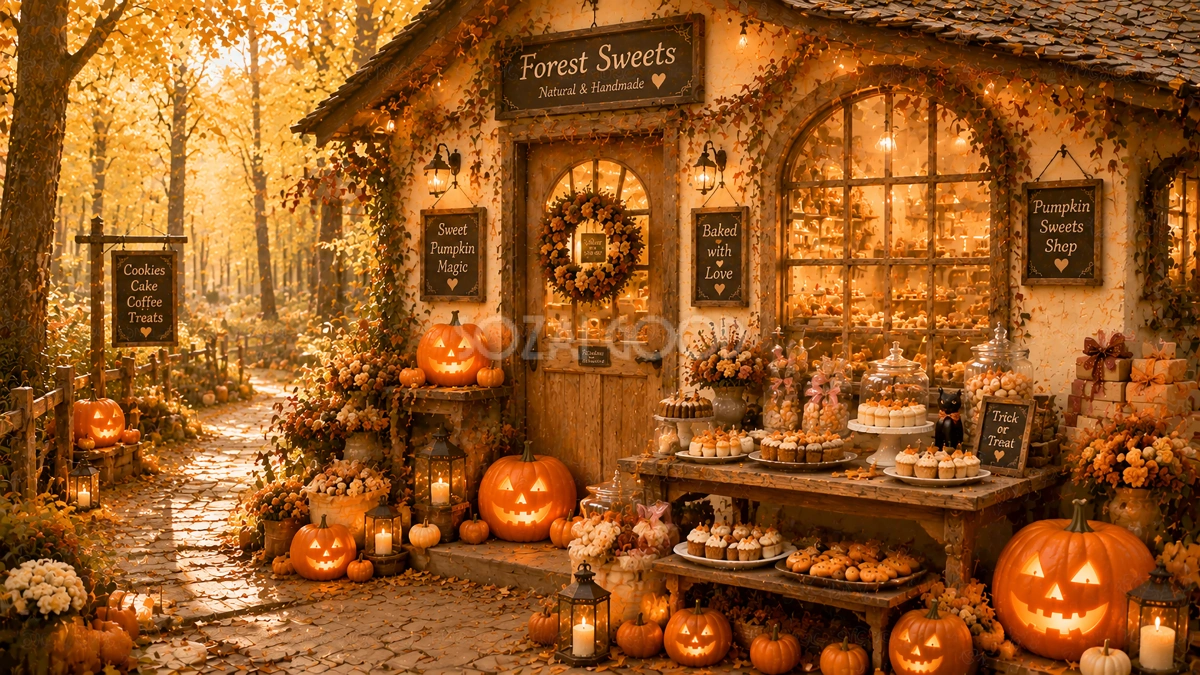 森の中のハロウィンお菓子屋さん背景素材【無料・高画質PNG】94177