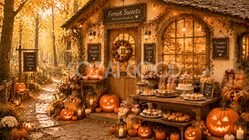 森の中のハロウィンお菓子屋さん背景素材【無料・高画質PNG】94177