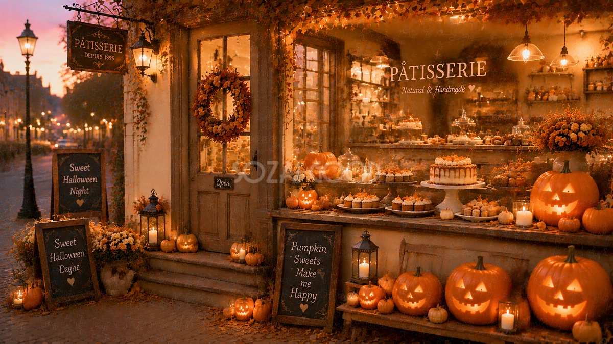夜のハロウィンスイーツ店背景素材【無料・高画質PNG】94178