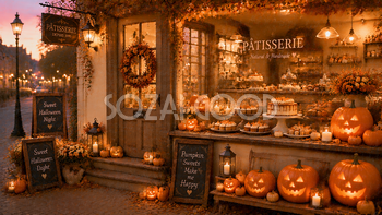 夜のハロウィンスイーツ店背景素材【無料・高画質PNG】94178
