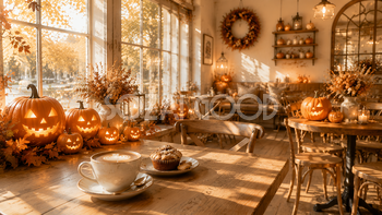 木漏れ日のハロウィンカフェ背景【無料・高画質PNG素材】94185