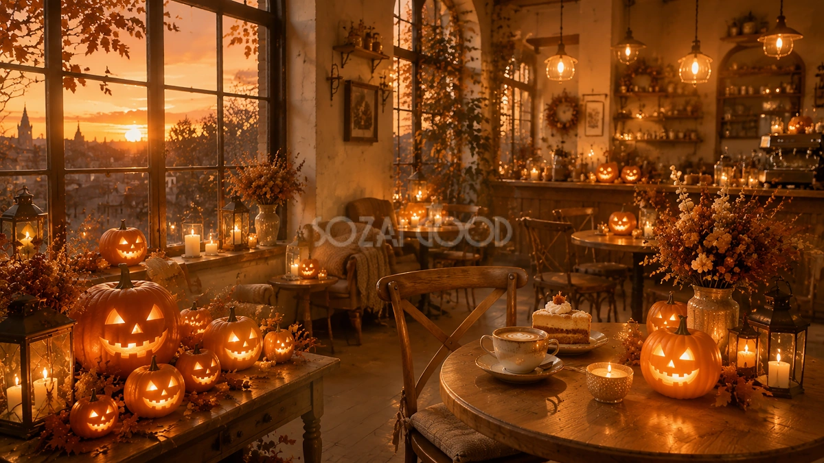夕暮れのハロウィンカフェ背景【無料・高画質PNG素材】94186
