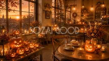 夕暮れのハロウィンカフェ背景【無料・高画質PNG素材】94186