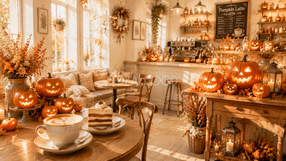 パンプキンラテのハロウィンカフェ背景【無料・高画質PNG素材】94187