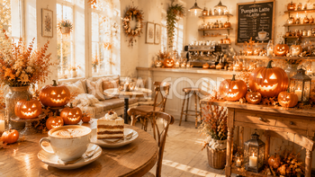パンプキンラテのハロウィンカフェ背景【無料・高画質PNG素材】94187