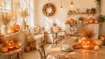 北欧風白い壁のハロウィンカフェ背景【無料PNG素材】94188