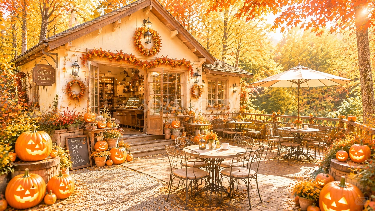 紅葉の森カフェハロウィン背景【無料・高画質PNG素材】94190