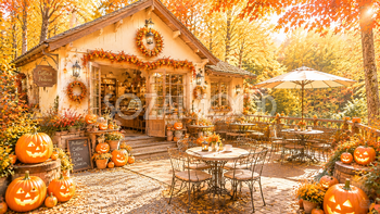 紅葉の森カフェハロウィン背景【無料・高画質PNG素材】94190