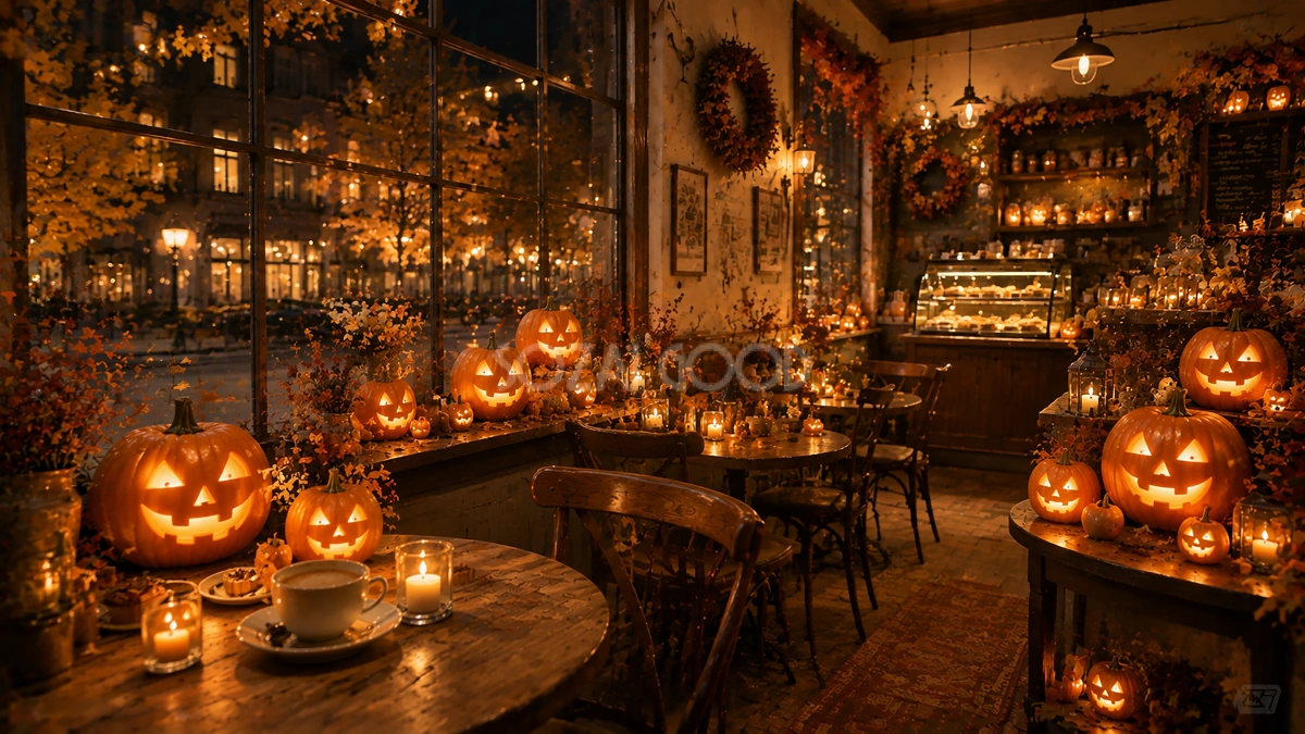 夜のハロウィンカフェ背景【無料・高画質PNG素材】94191