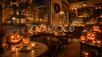 夜のハロウィンカフェ背景【無料・高画質PNG素材】94191
