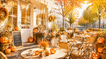 秋のカフェテラスハロウィン背景【無料PNG素材】94192