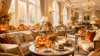 ホテル風ハロウィンカフェ背景【無料・高画質PNG素材】94194