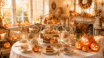 秋のティーパーティーハロウィン背景【無料PNG素材】94195