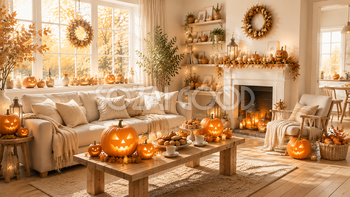 秋の日差しとパンプキンが彩るハロウィンリビング背景【無料・高画質PNG】94198