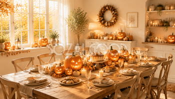 ハロウィンダイニングパーティー背景【無料・高画質PNG】秋の食卓インテリア素材94199