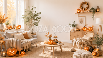 北欧風ハロウィンホーム背景【無料・高画質PNG】おしゃれな秋インテリア素材94200