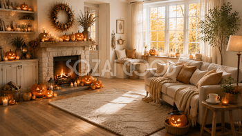 暖炉のあるハロウィンリビング背景【無料・高画質PNG】秋の温かな室内素材94201