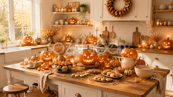 ハロウィンスイーツキッチン背景【無料・高画質PNG】焼き菓子とパンプキンの秋素材94202