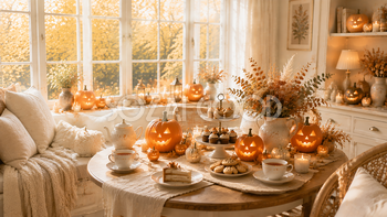 窓辺のハロウィンティータイム背景【無料・高画質PNG】優雅な秋の午後素材94203