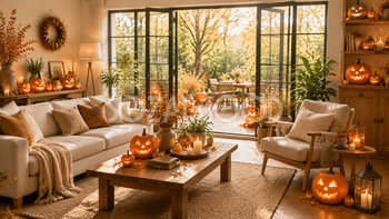 ガーデンにつながるハロウィンリビング背景【無料・高画質PNG】自然な秋の住宅素材94205
