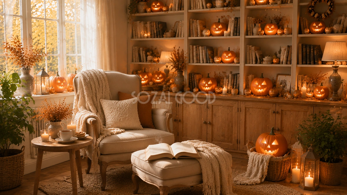 ハロウィン読書スペース背景【無料・高画質PNG】本とコーヒーの秋インテリア素材94206