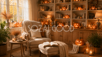 ハロウィン読書スペース背景【無料・高画質PNG】本とコーヒーの秋インテリア素材94206