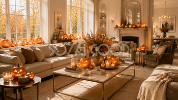 ホテル風ハロウィンホーム背景【無料・高画質PNG】ラグジュアリー秋インテリア素材94207