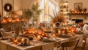 ハロウィンホームパーティー背景【無料・高画質PNG】大人可愛い秋の食卓素材94208