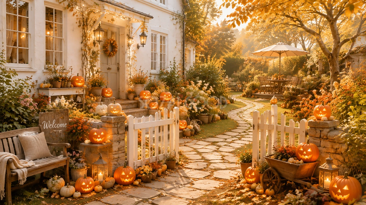 白い家とハロウィンガーデン背景【無料・高画質PNG】秋の庭イラスト素材94211