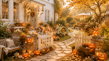白い家とハロウィンガーデン背景【無料・高画質PNG】秋の庭イラスト素材94211