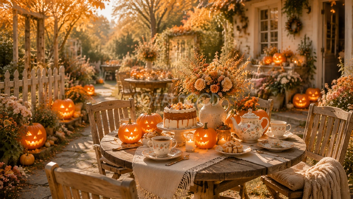 ガーデンテーブルのハロウィンティータイム背景【無料・高画質PNG】秋の庭素材94212
