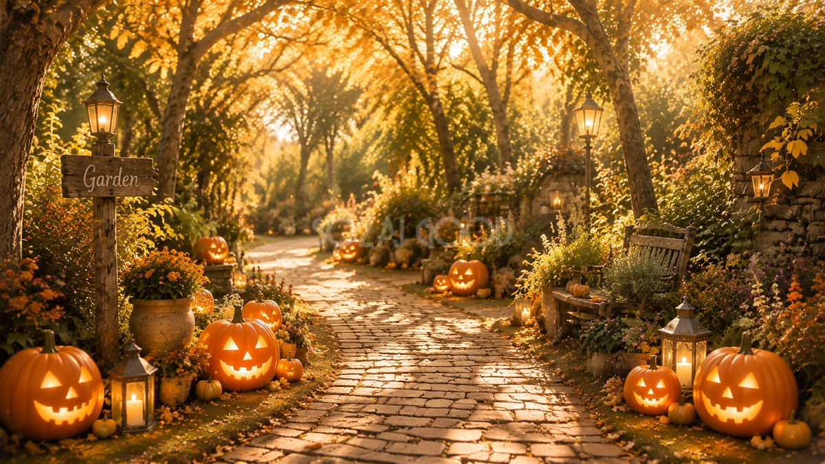 木漏れ日のハロウィンガーデン小道背景【無料・高画質PNG】秋の自然素材94213