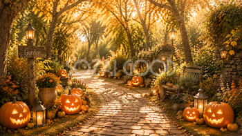 木漏れ日のハロウィンガーデン小道背景【無料・高画質PNG】秋の自然素材94213