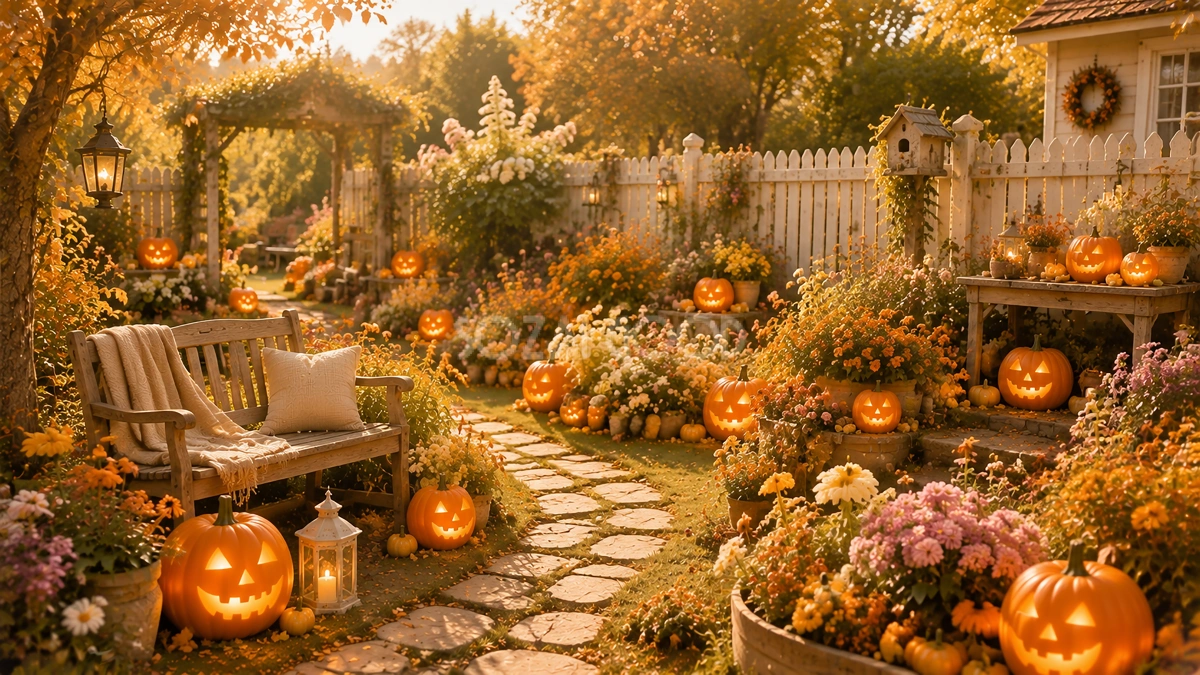 フラワーガーデンハロウィン背景【無料・高画質PNG】秋の花壇イラスト素材94214
